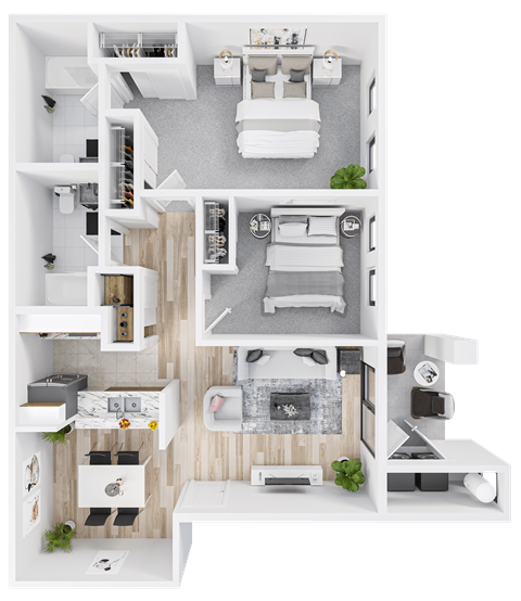 Floor plan for 2 beds, 2 baths, 973 sqft